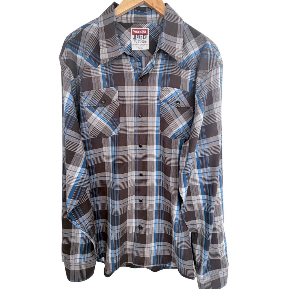 Wrangler Jeans Co Pearl Snap Western Shirt Mens 2XL Gray Blue Plaid Long Sleeve